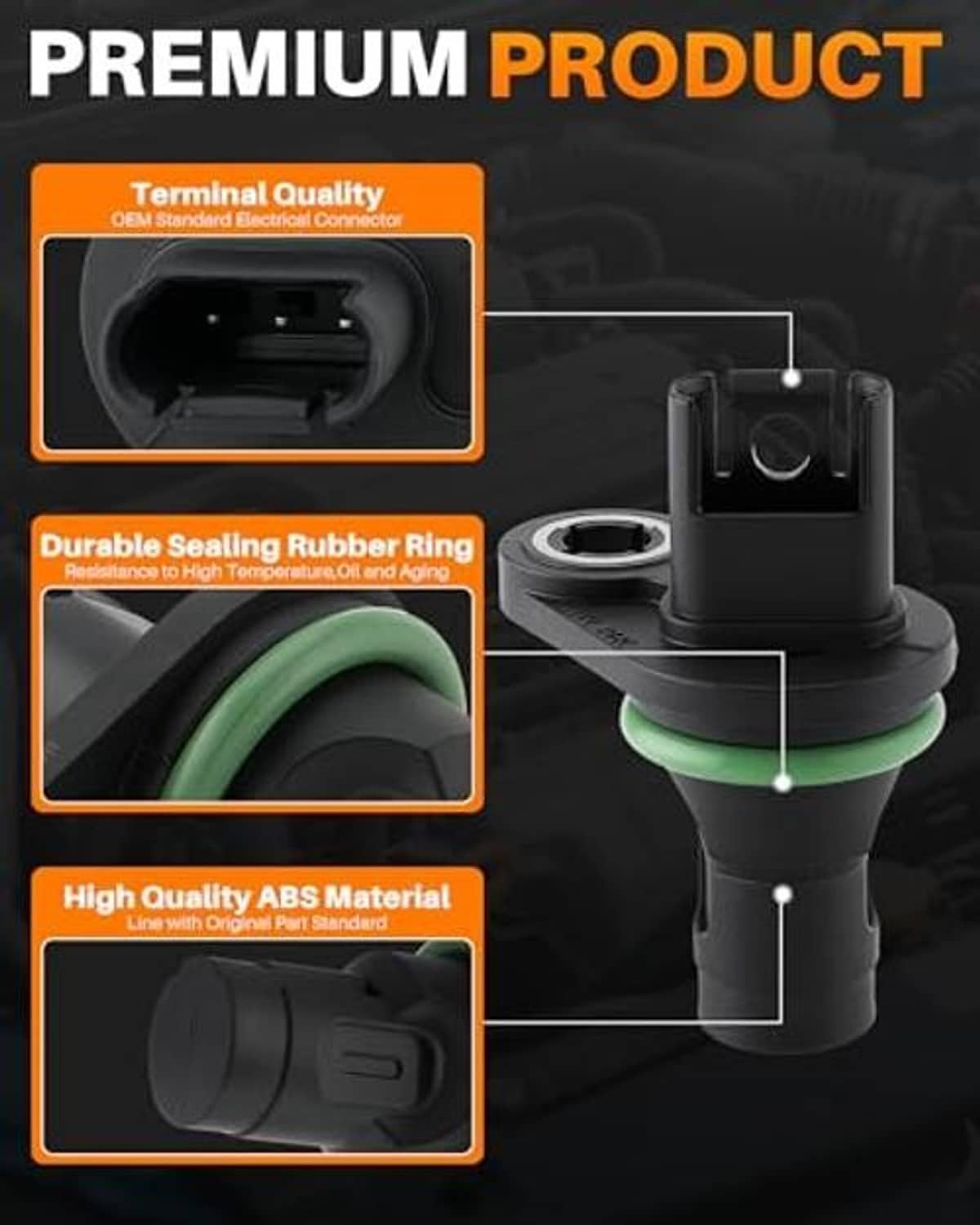 Camshaft position sensor with green sealing ring, shown with connector and detail callouts