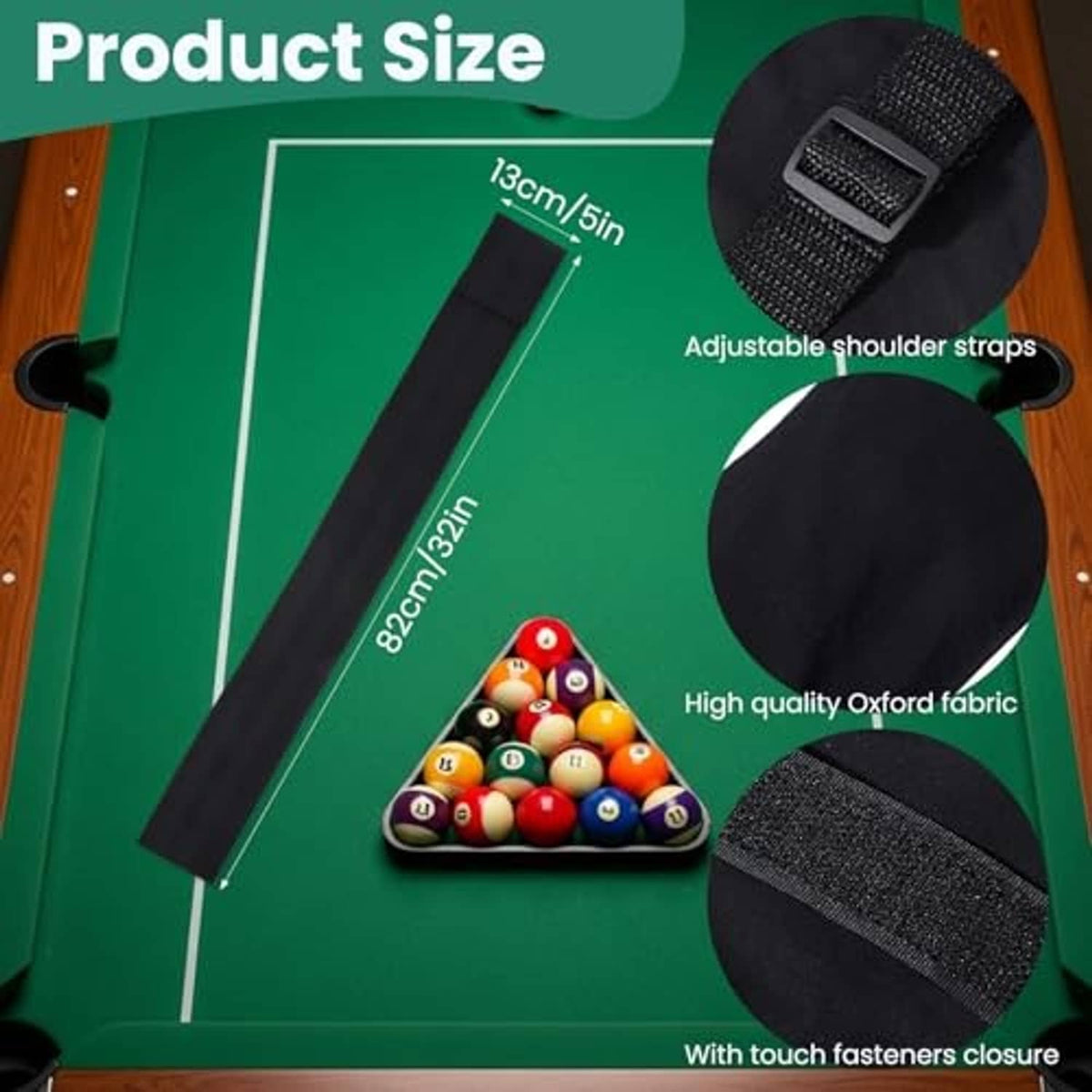 Black pool cue case with adjustable shoulder straps and touch-fastener closure.