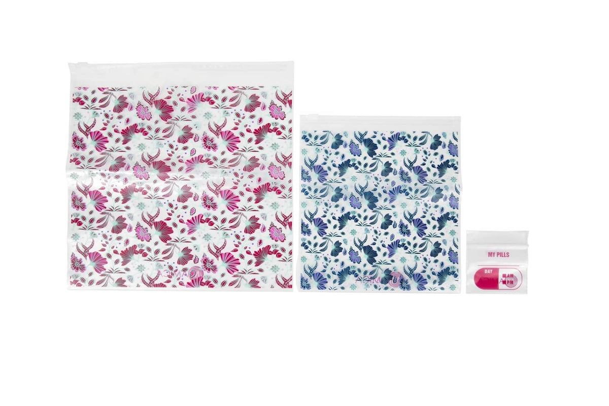Resealable toiletry bags with pink and blue floral patterns, zip-seal top