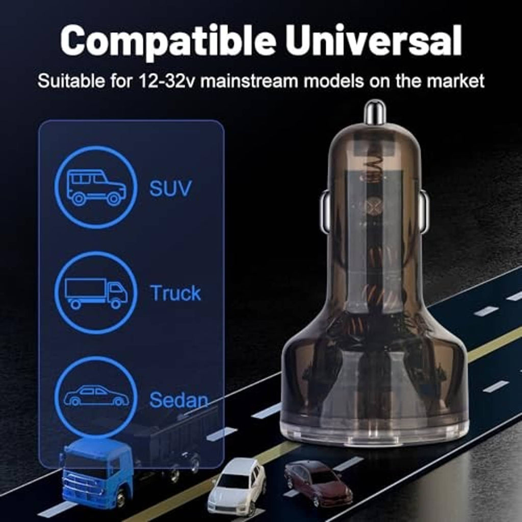 Universal car USB-C charger adapter with clear body and twin metal USB connectors