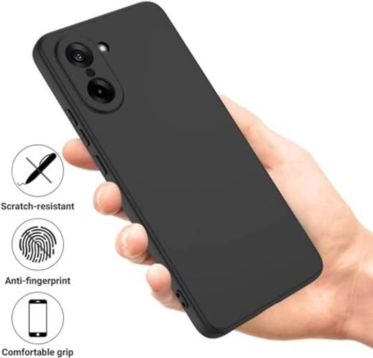 Black phone case with camera cutouts, held in hand; scratch-resistant matte