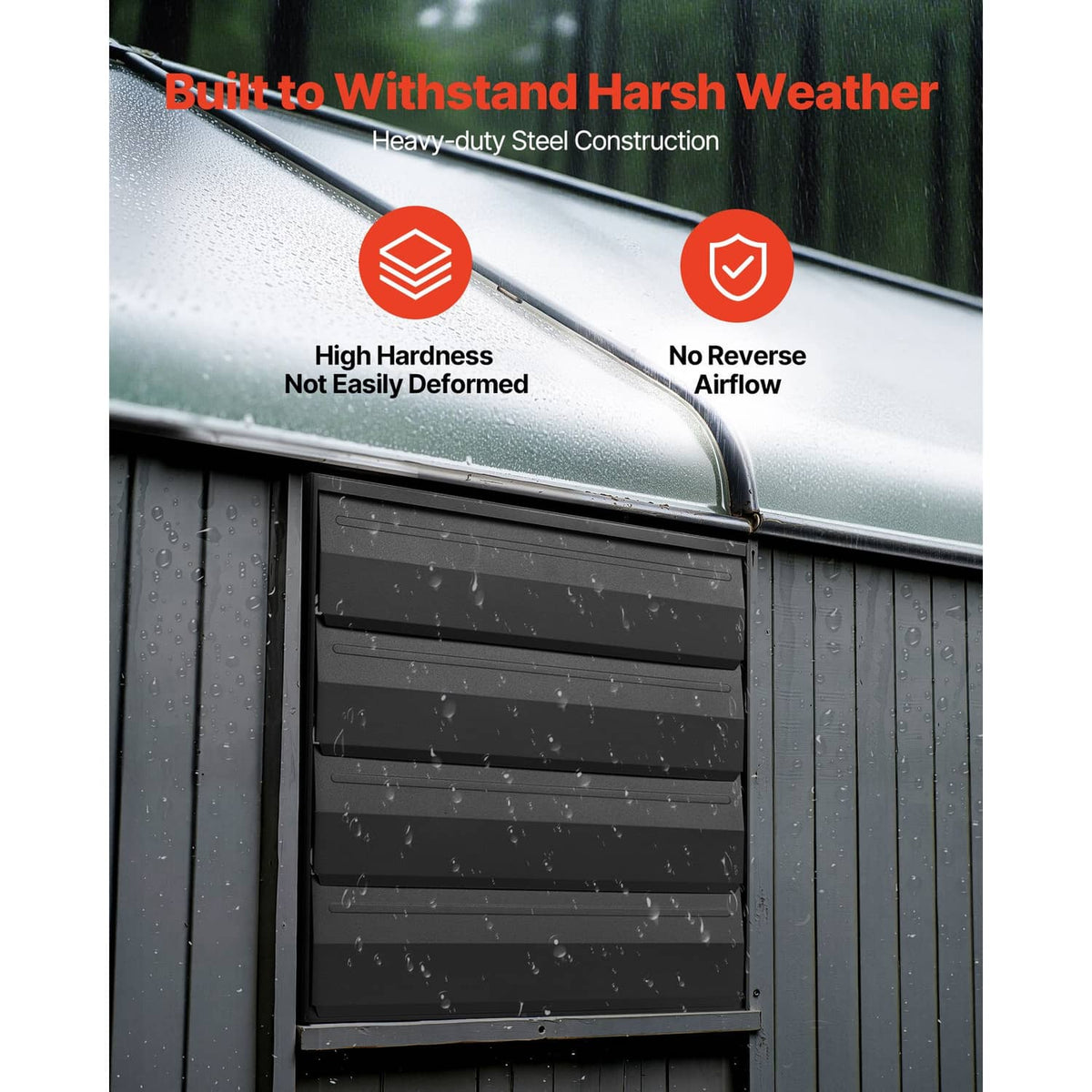 Wall-mounted shutter exhaust fan with louver shutters, heavy-duty metal housing, black.