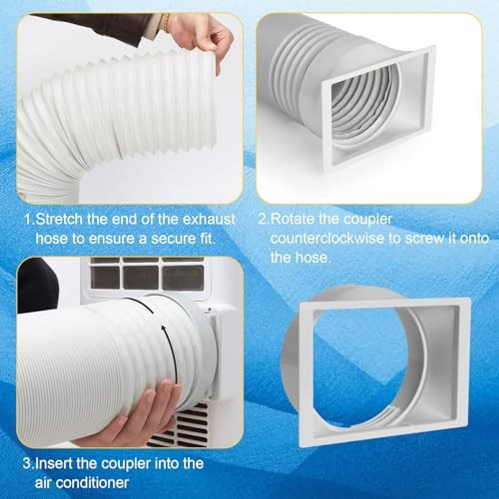 White ribbed AC exhaust hose with coupler and snap-fit installation steps