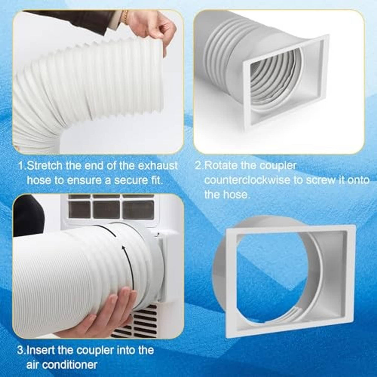 White ribbed AC exhaust hose with coupler and snap-fit installation steps