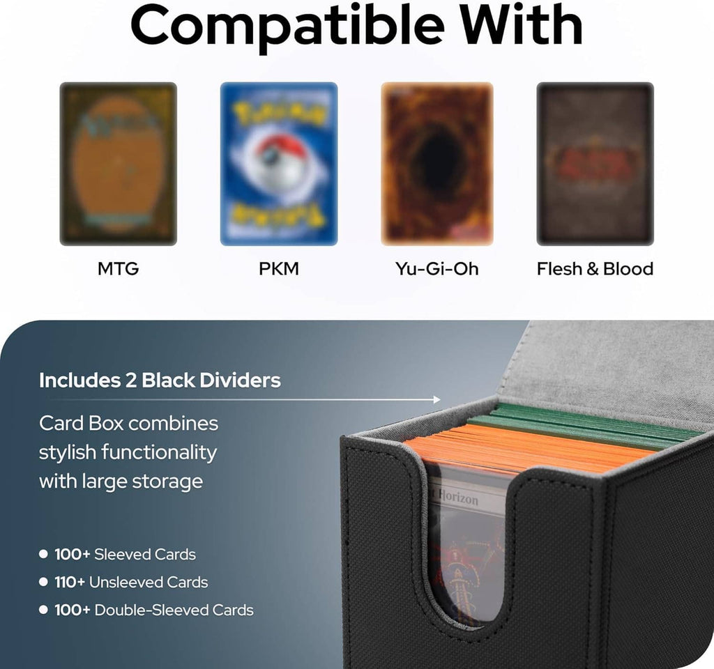 Open black deck box with divider and card slots, dual-magnet front cover