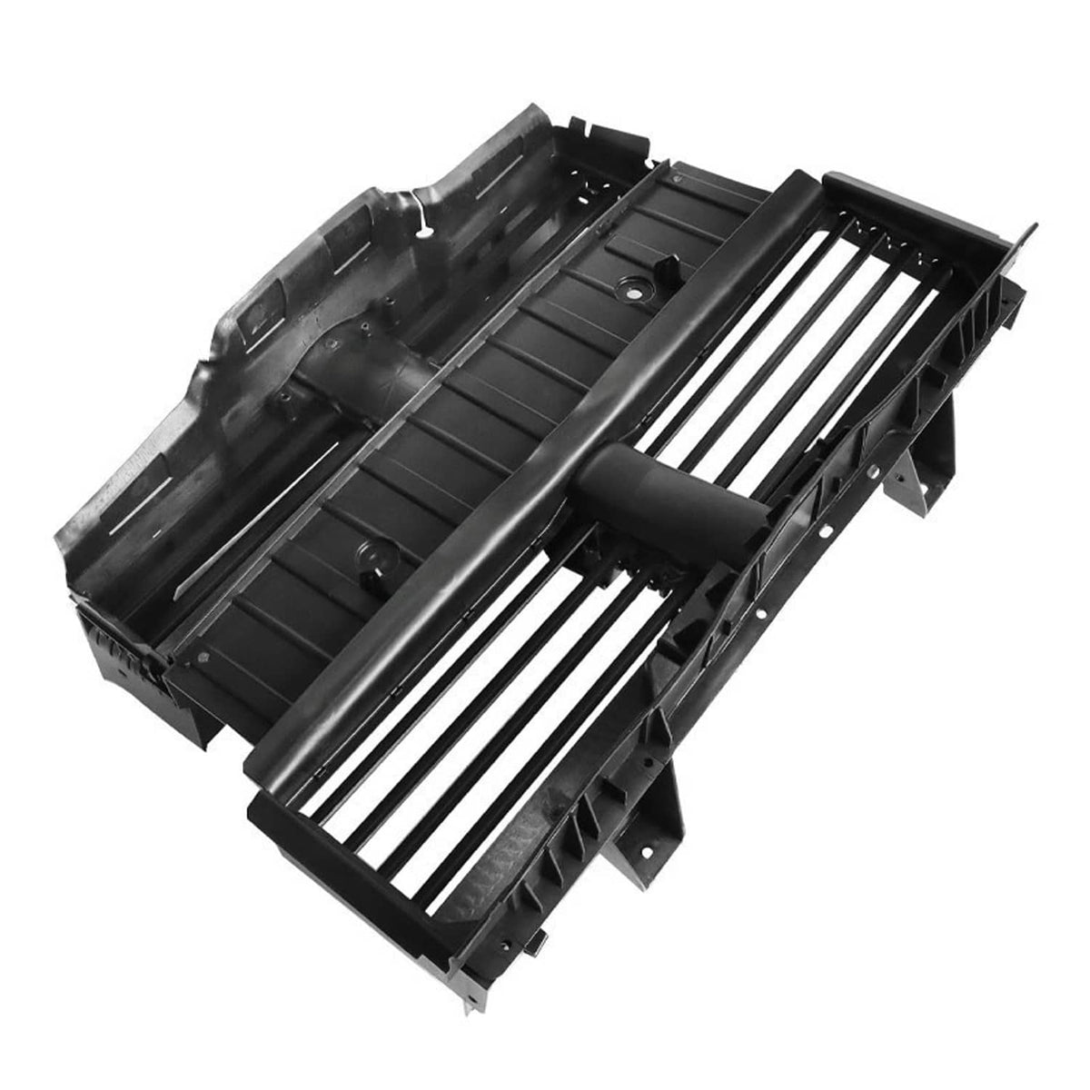 Black radiator shutter assembly underside with slats, ribs, and mounting points