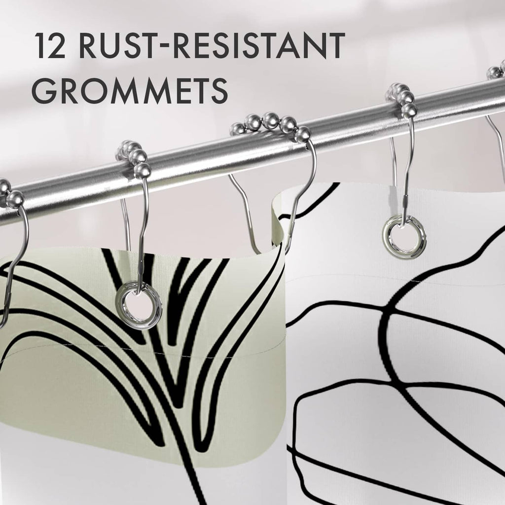 Shower curtain with rust-resistant grommets and metal hooks, floral line-print