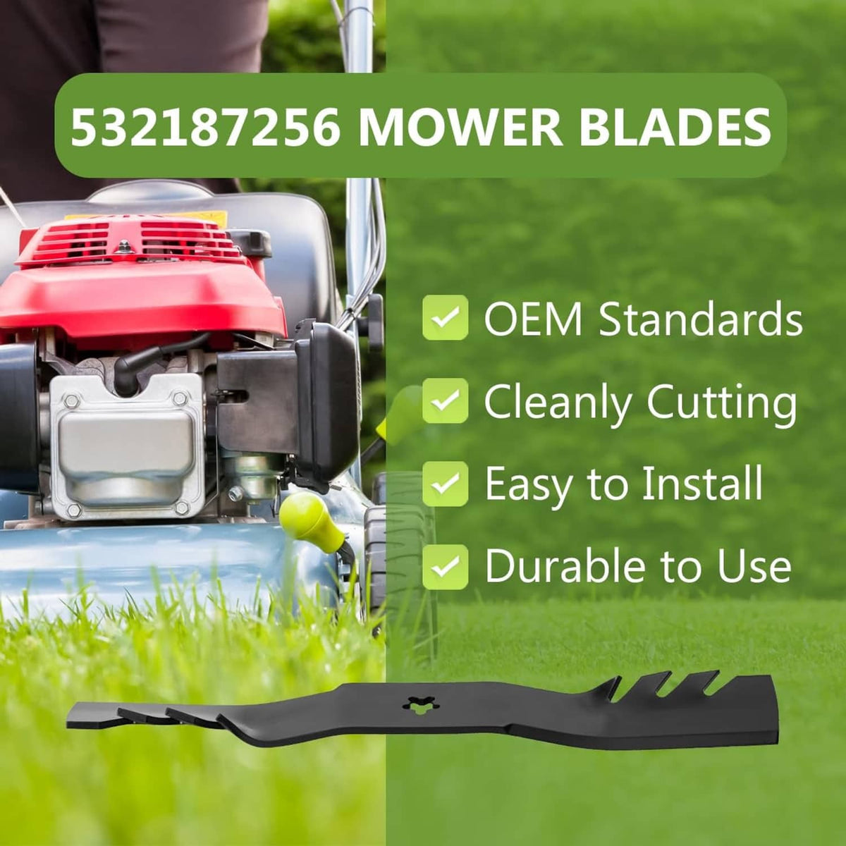 Mulching mower blade, black steel with serrated tips and 5-point star center hole