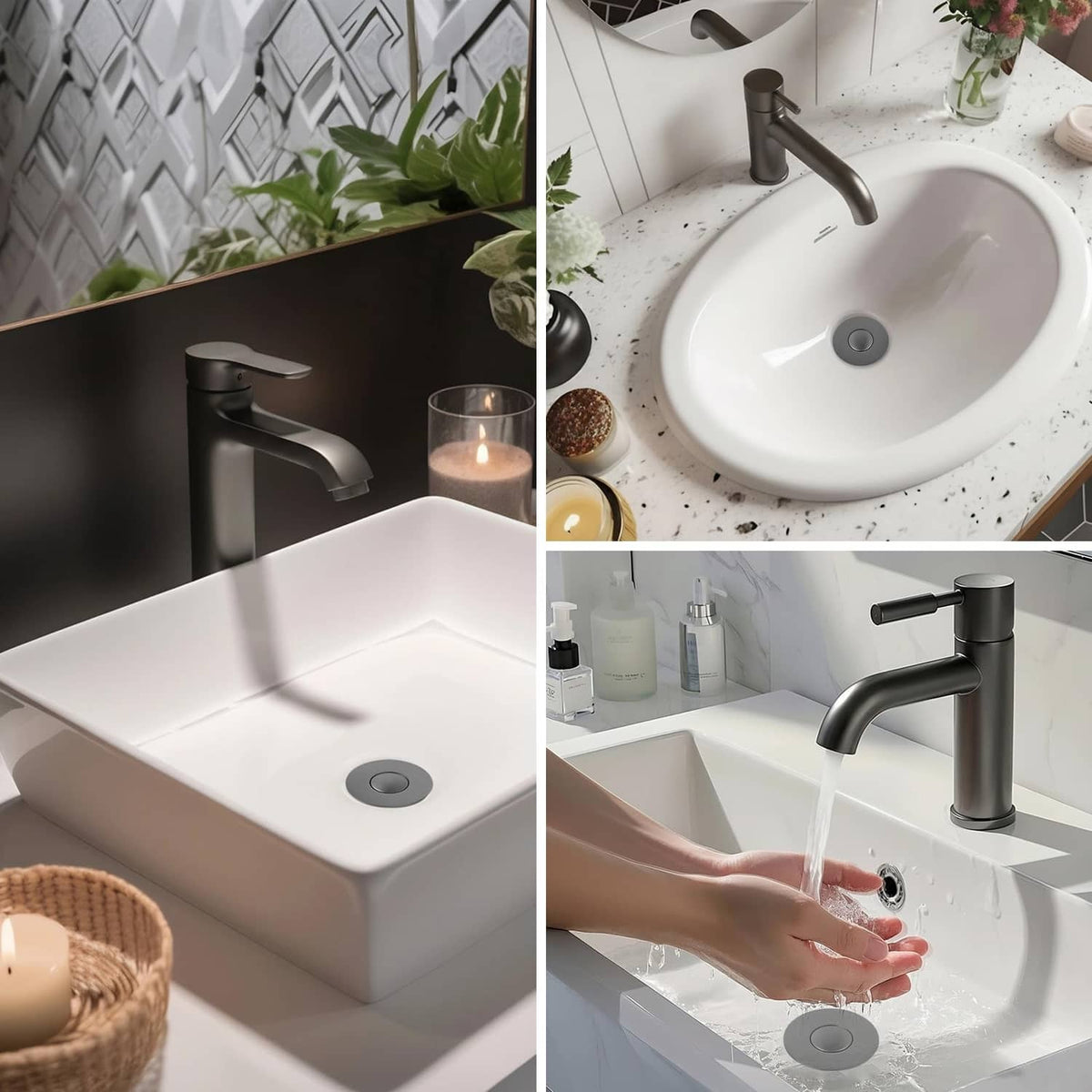 Gray bathroom sink drain strainer stopper with round cover installed