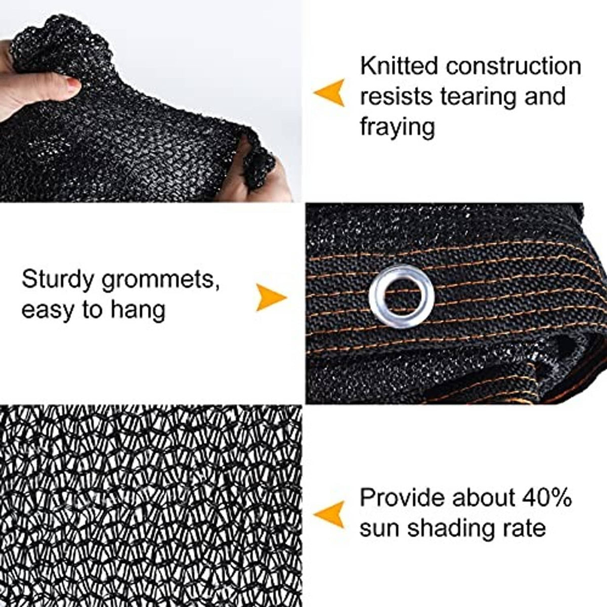 Black woven shade net, close-up mesh fabric with reinforced edge and corner seam