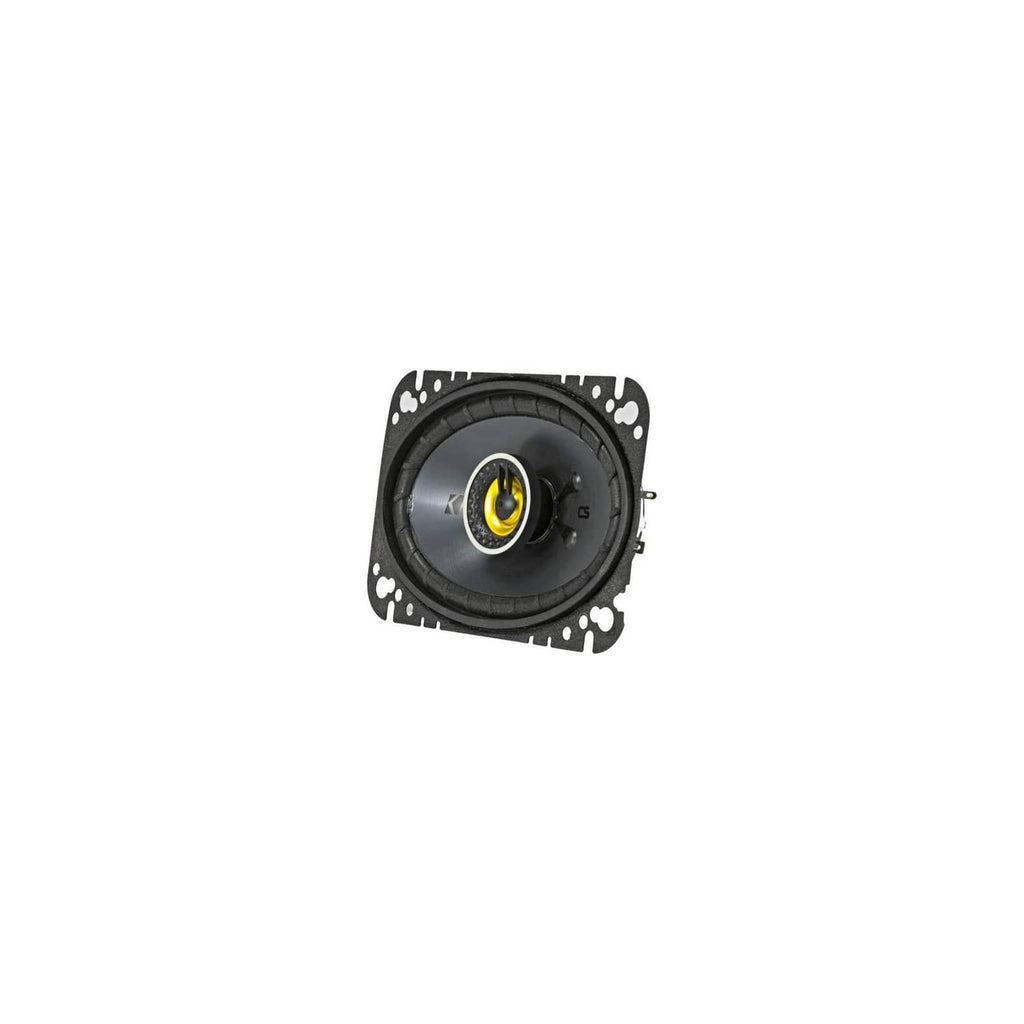 KICKER coaxial car speaker with black grille, yellow center tweeter, and mounting gasket