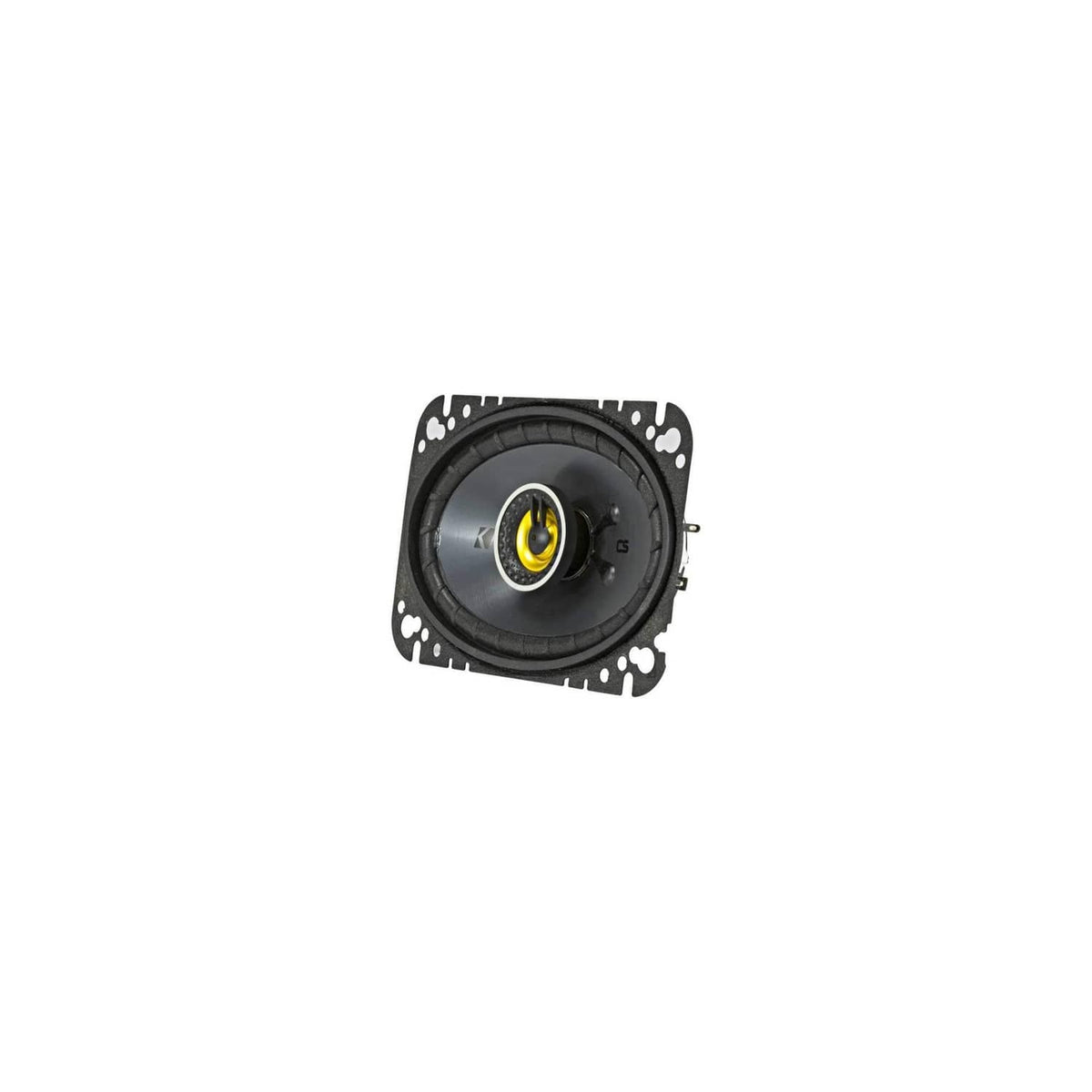 KICKER coaxial car speaker with black grille, yellow center tweeter, and mounting gasket
