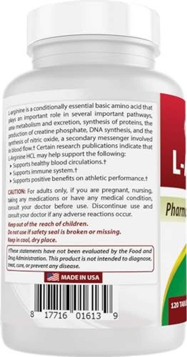 Best Naturals L-Arginine bottle back label with dosage and caution text