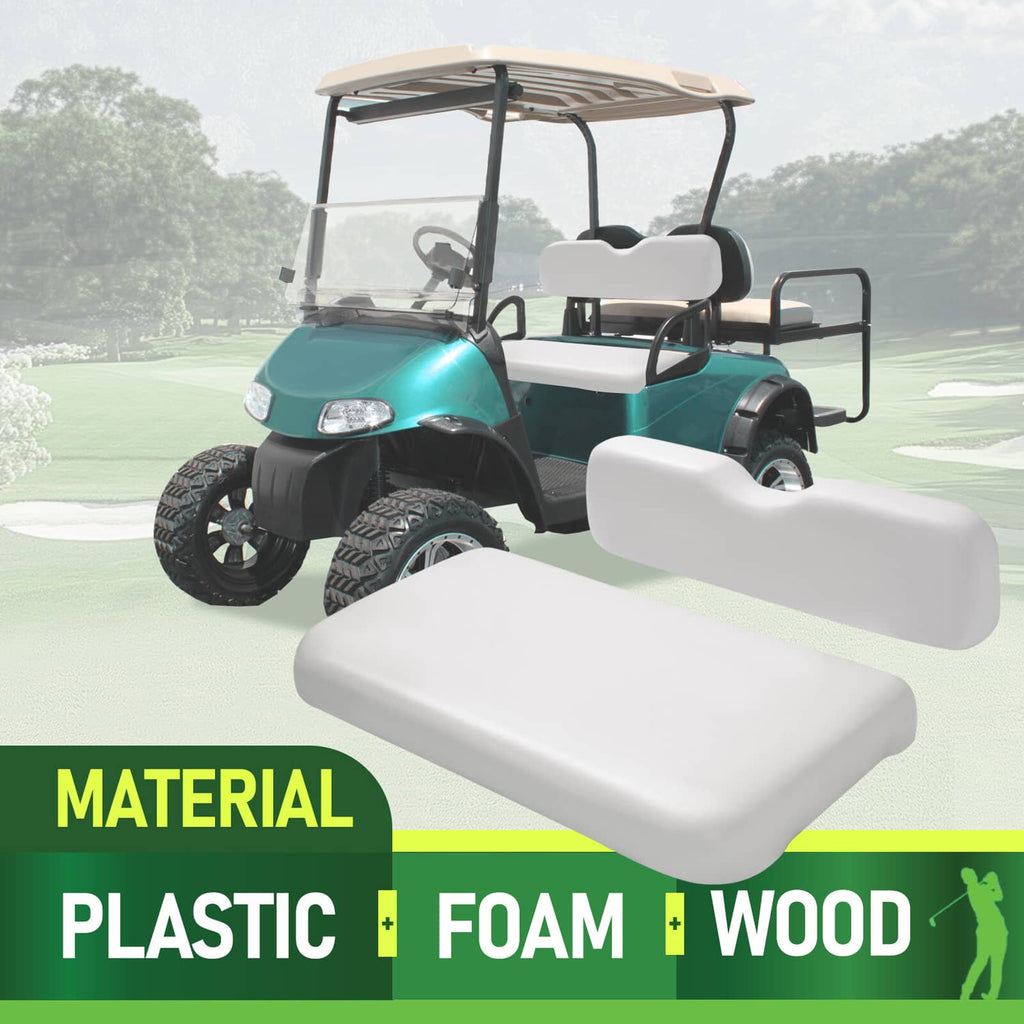 White golf cart front seat cushion and backrest installed on a golf cart