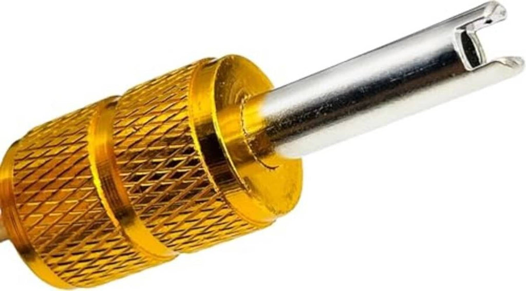 Brass-and-silver valve core removal tool tip with knurled grip