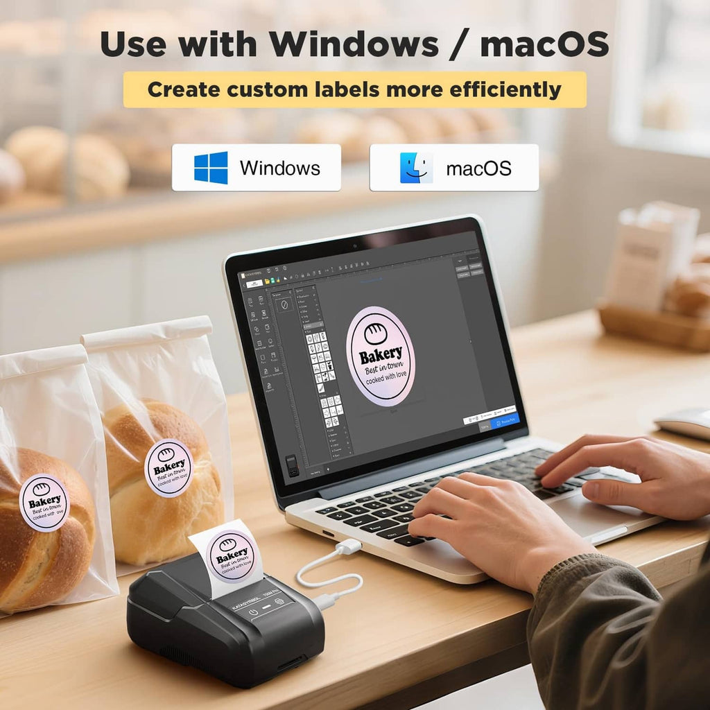 Black label maker on desk with laptop label design open