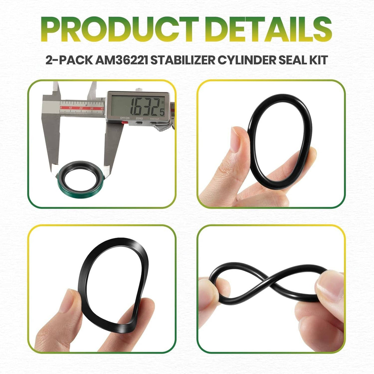 Hand holding black O-ring seals from a cylinder seal kit, with green gasket rings