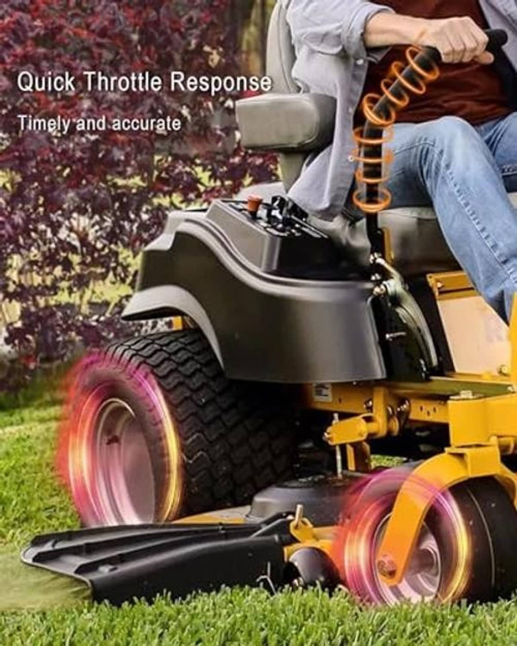 Throttle control on zero-turn mower: metal lever with black cable and handle knob