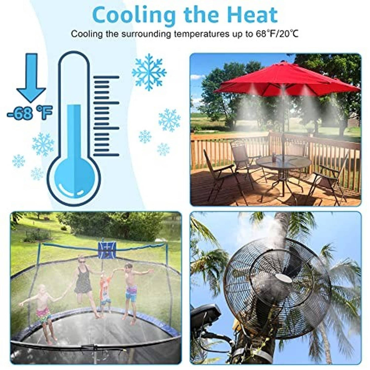 Outdoor misting cooling system in use with fine spray over patio seating and yard
