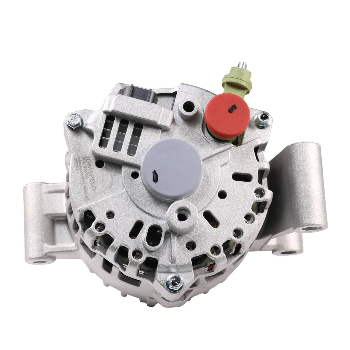 Automotive alternator with silver housing, pulley, and colored terminals on top
