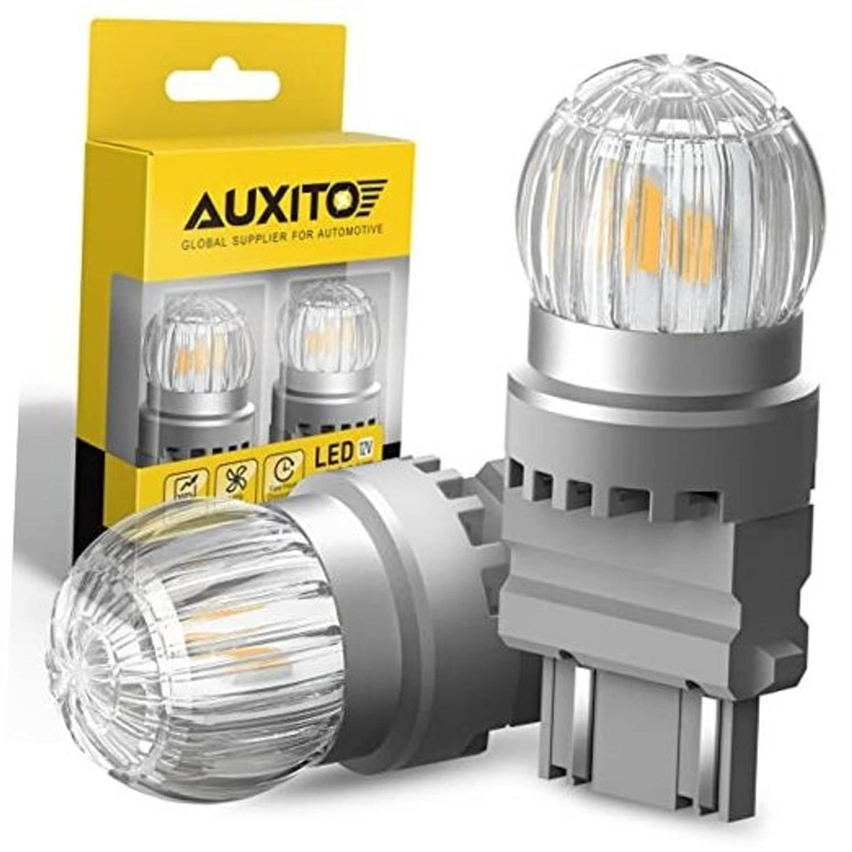 Amber LED turn signal bulb set with clear dome lens and retail packaging box