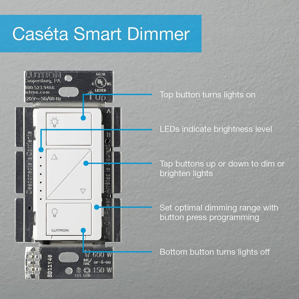 Caseta smart dimmer control board with LED indicators and labeled button locations