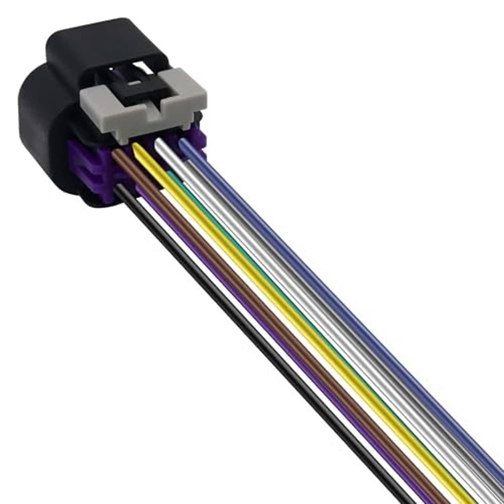 Throttle body connector pigtail showing purple plug terminals and colorful 8-wire leads