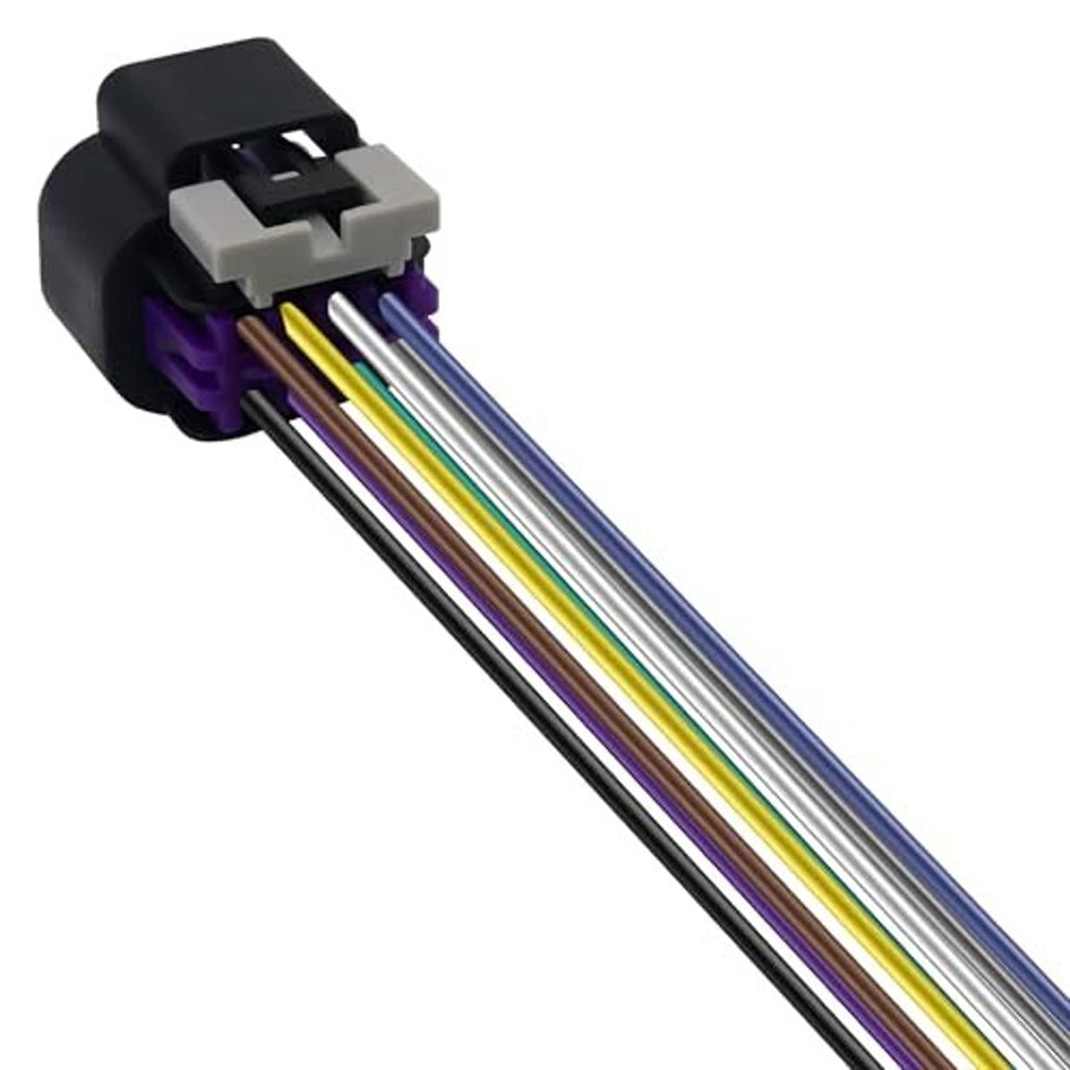Throttle body connector pigtail showing purple plug terminals and colorful 8-wire leads