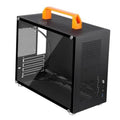 SFF mini-tower PC case with orange top handle and black mesh side panel, steel