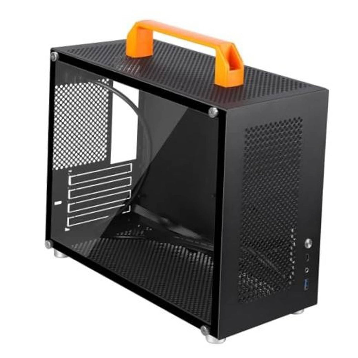 SFF mini-tower PC case with orange top handle and black mesh side panel, steel