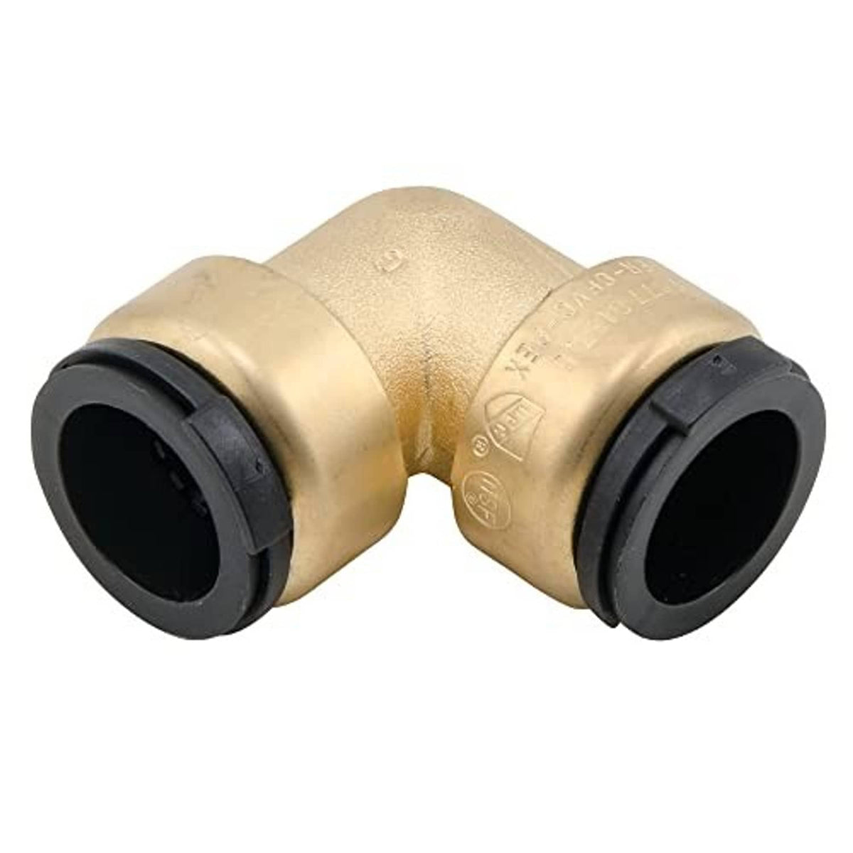 Brass 90-degree elbow fitting with black end seals, round 1 in CTS ports