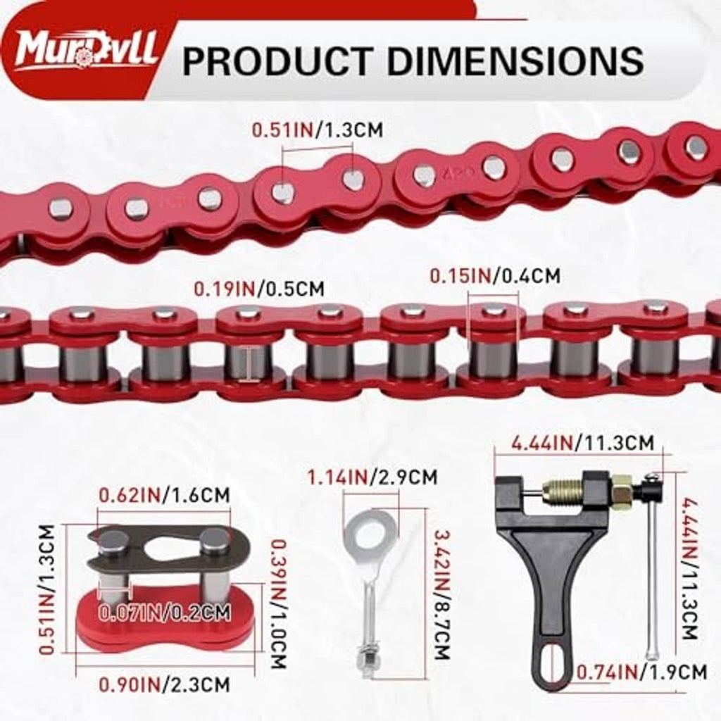 Red 420 roller chain product dimension diagram with link and pin spacing measurements