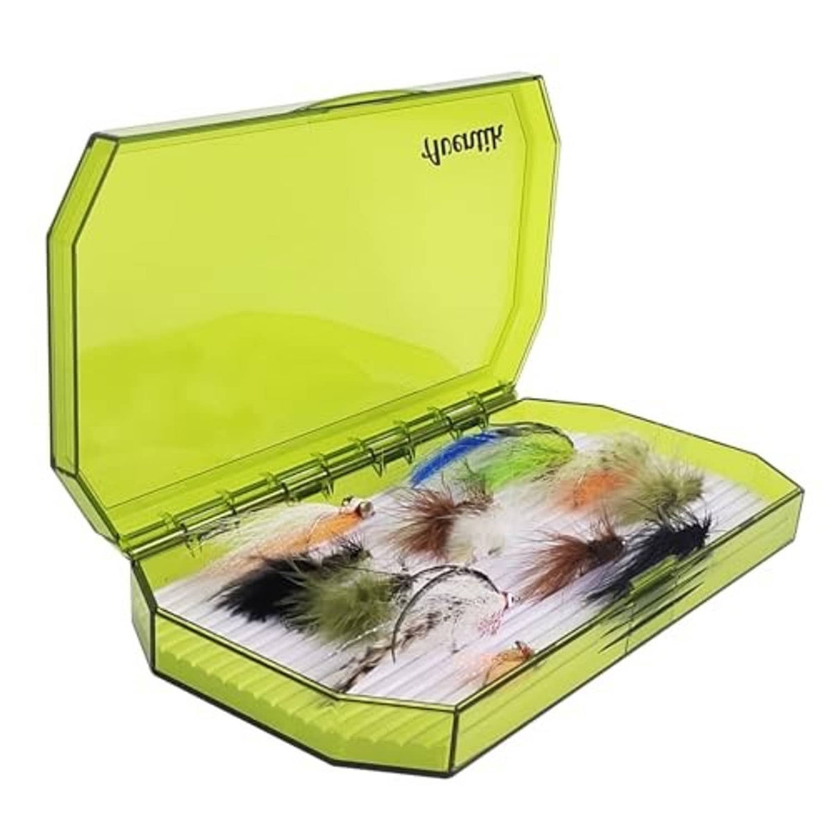 Green fly fishing box with clear lid open, arranged fly lures in white compartment