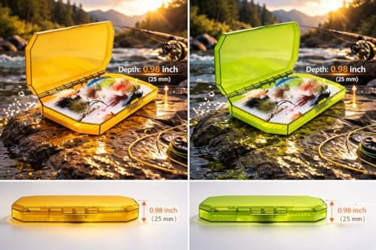 Yellow and green fly fishing boxes with clear lids, ribbed hinge, and shallow tray