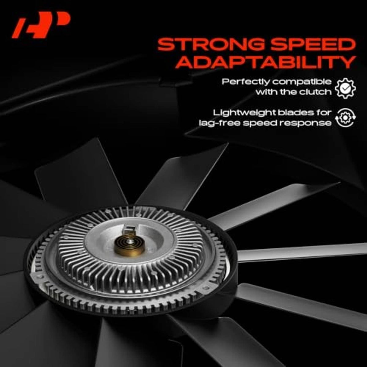 Engine radiator fan blade with metal hub and five dark blades