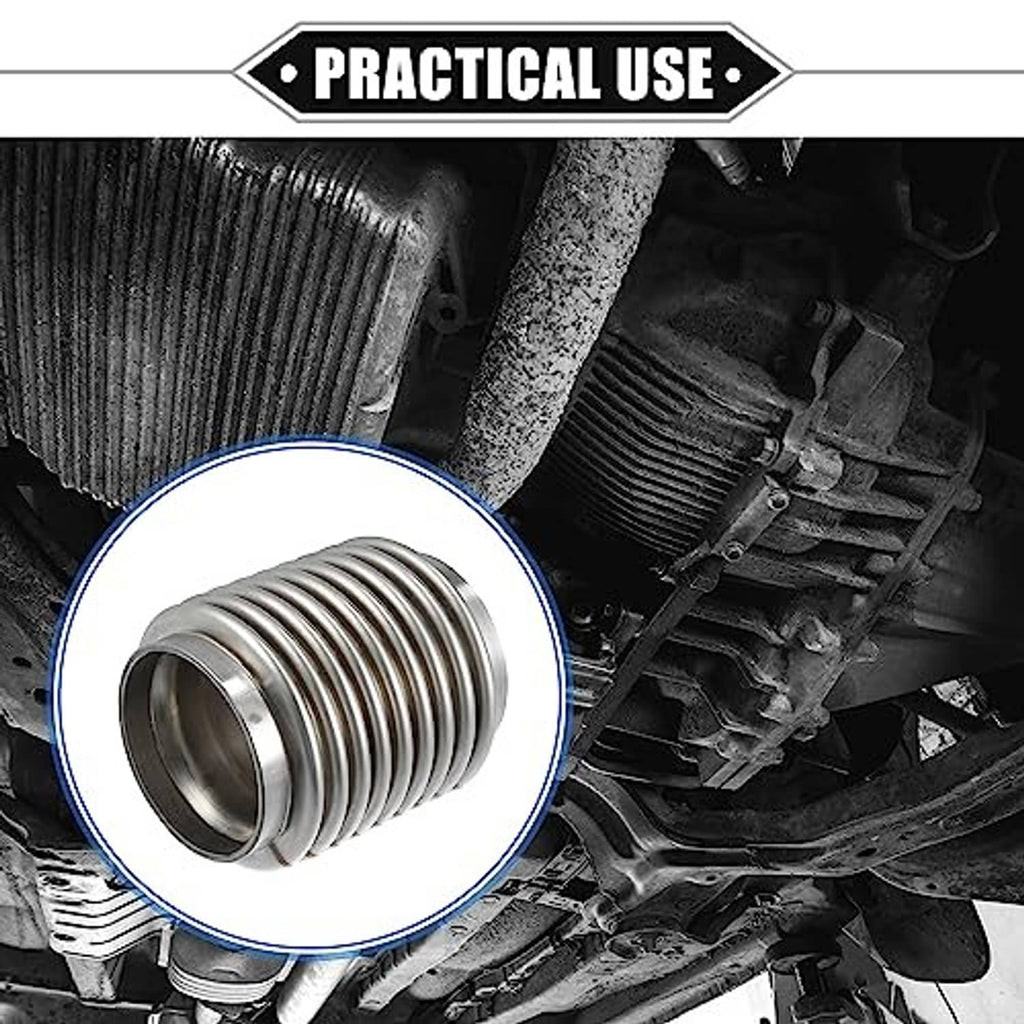 Flexible exhaust flex connector pipe shown on vehicle undercarriage, ribbed stainless metal