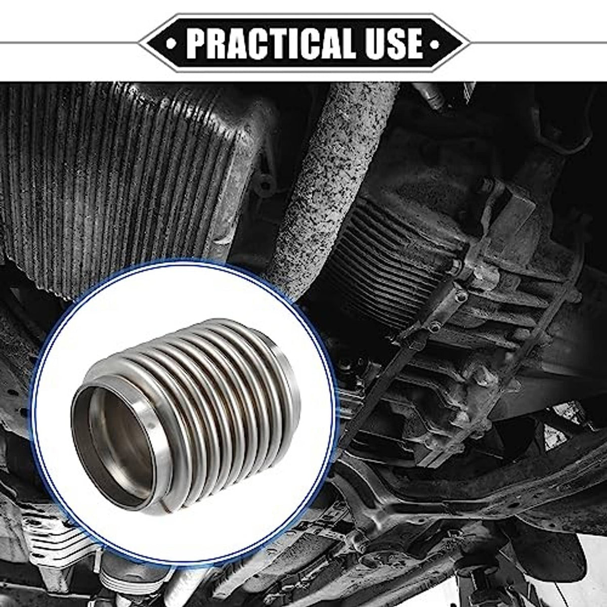 Flexible exhaust flex connector pipe shown on vehicle undercarriage, ribbed stainless metal