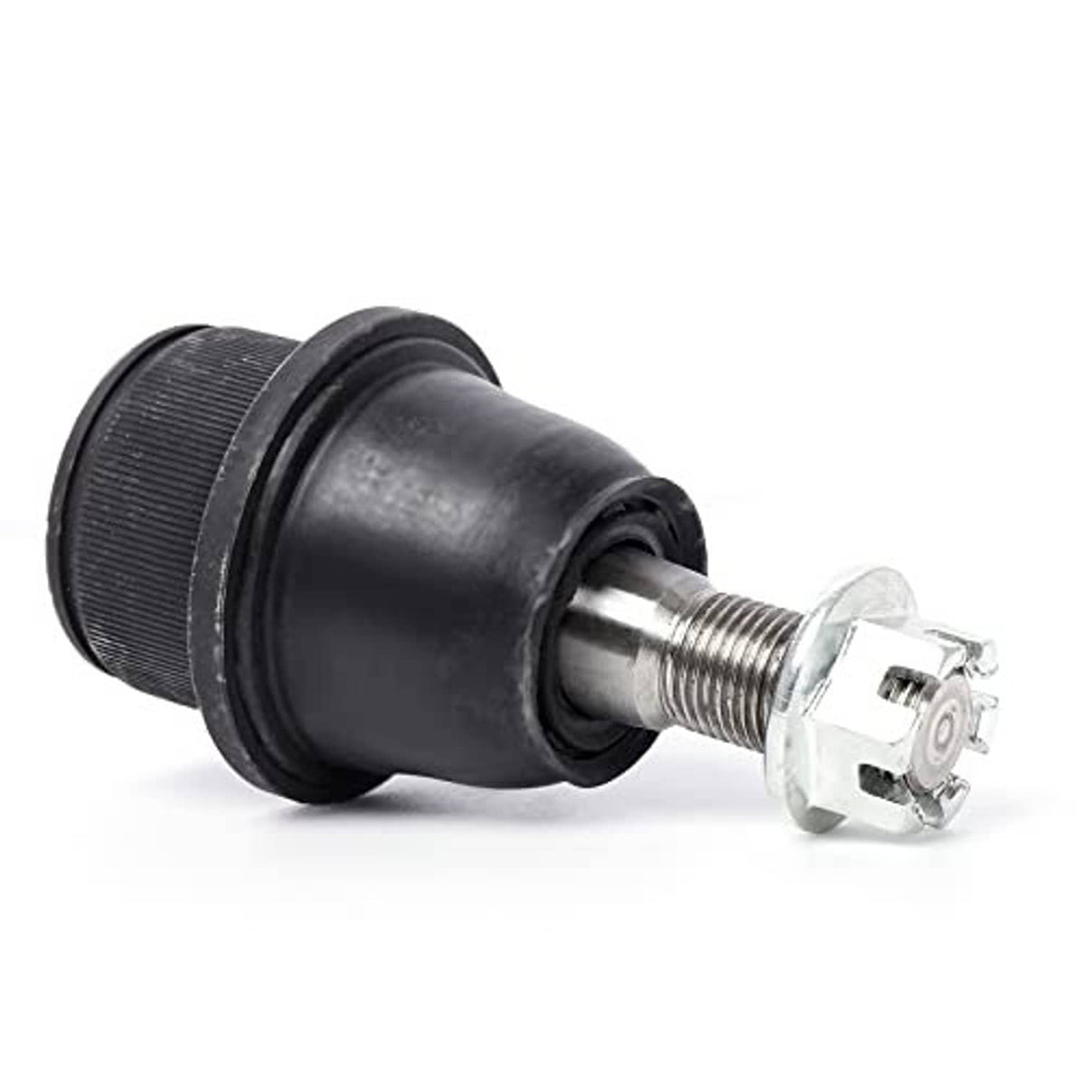 Close-up ball joint with black rubber boot and chrome metal stud