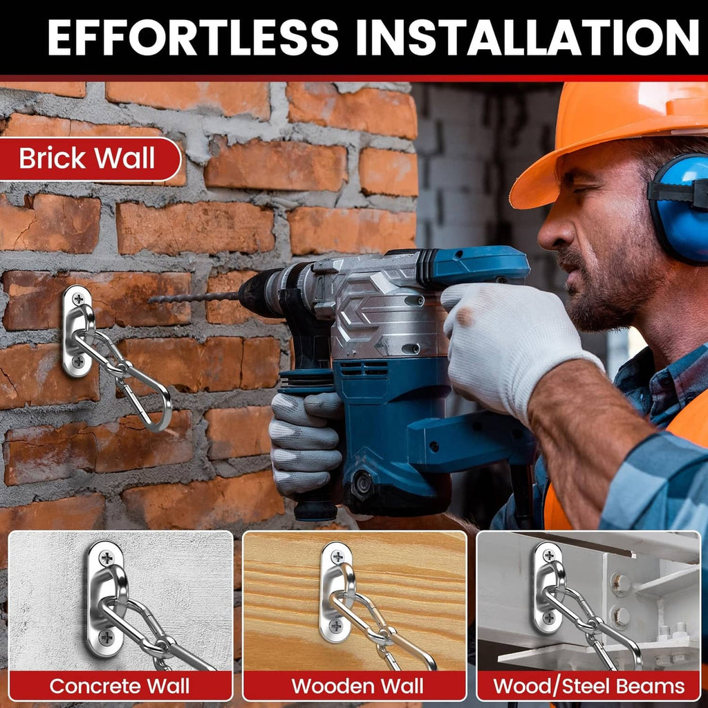 Stainless steel eye hook installed on brick wall with chain link
