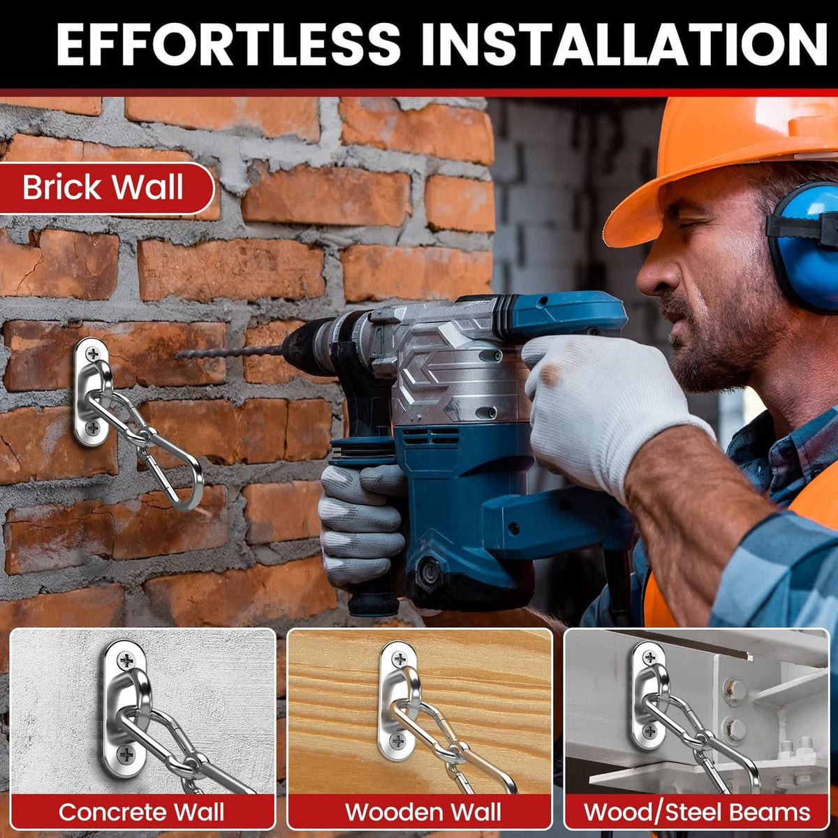 Stainless steel eye hook installed on brick wall with chain link