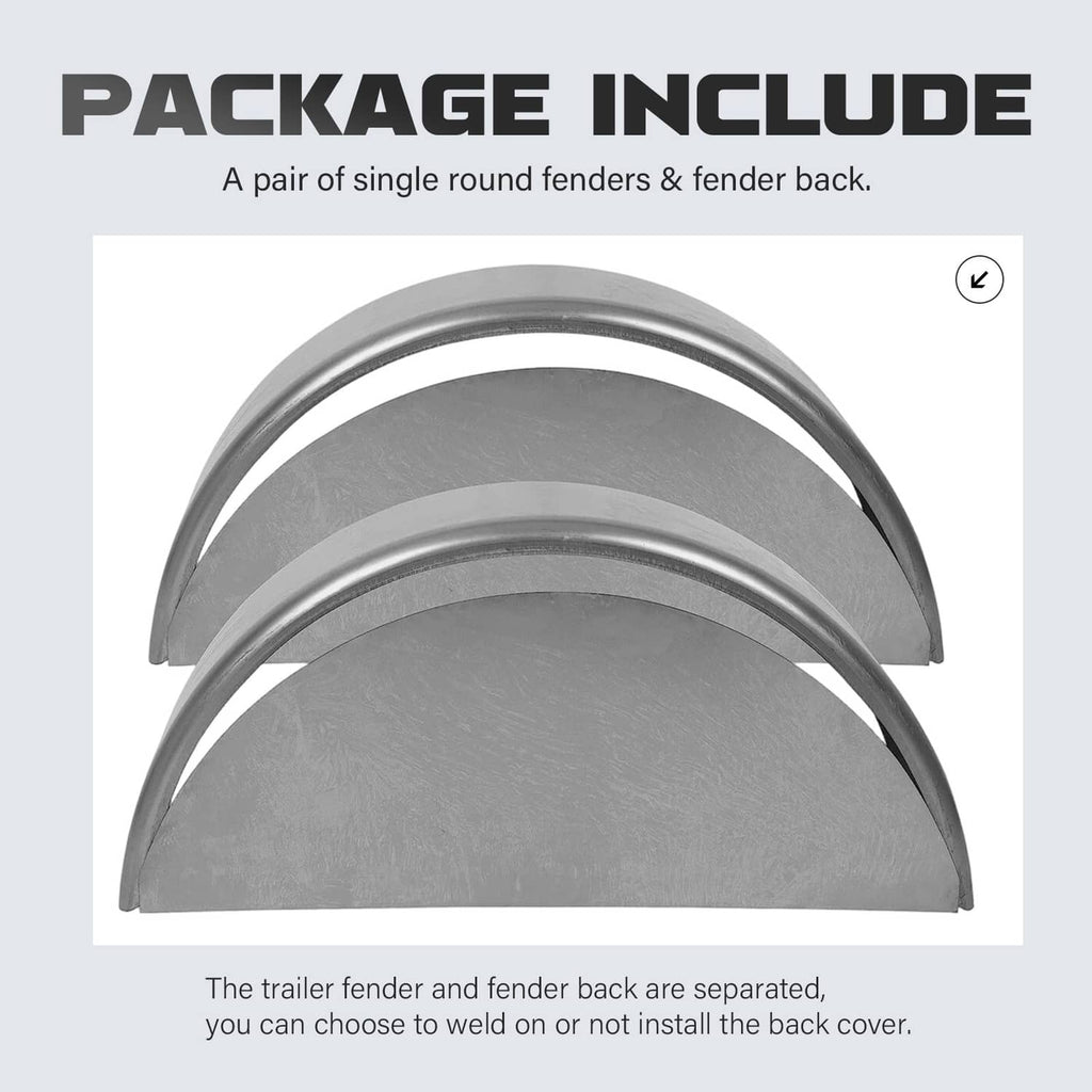 Pair of curved steel round trailer fenders and matching back plates, silver-gray