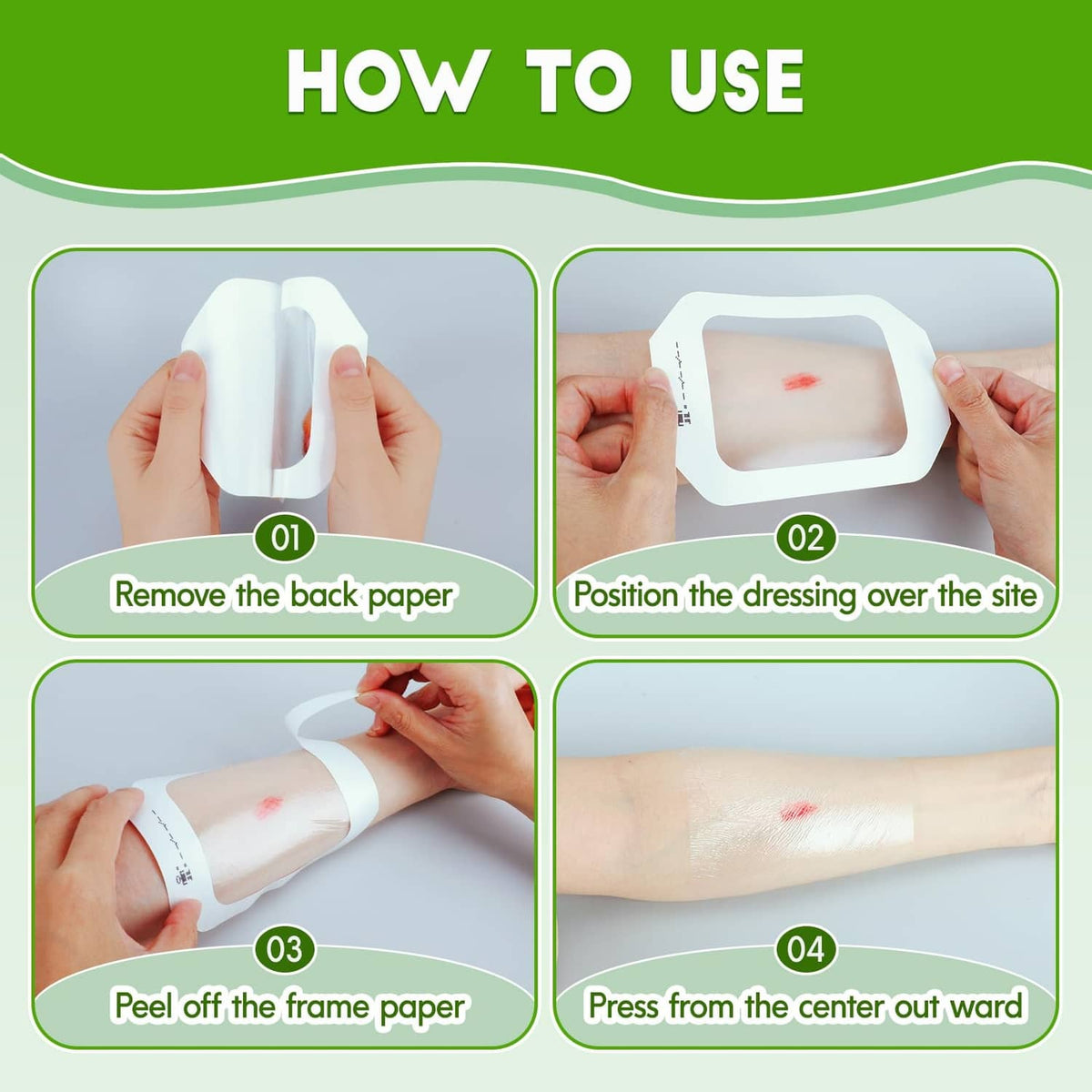 Steps for using transparent film dressing: peel and press onto skin
