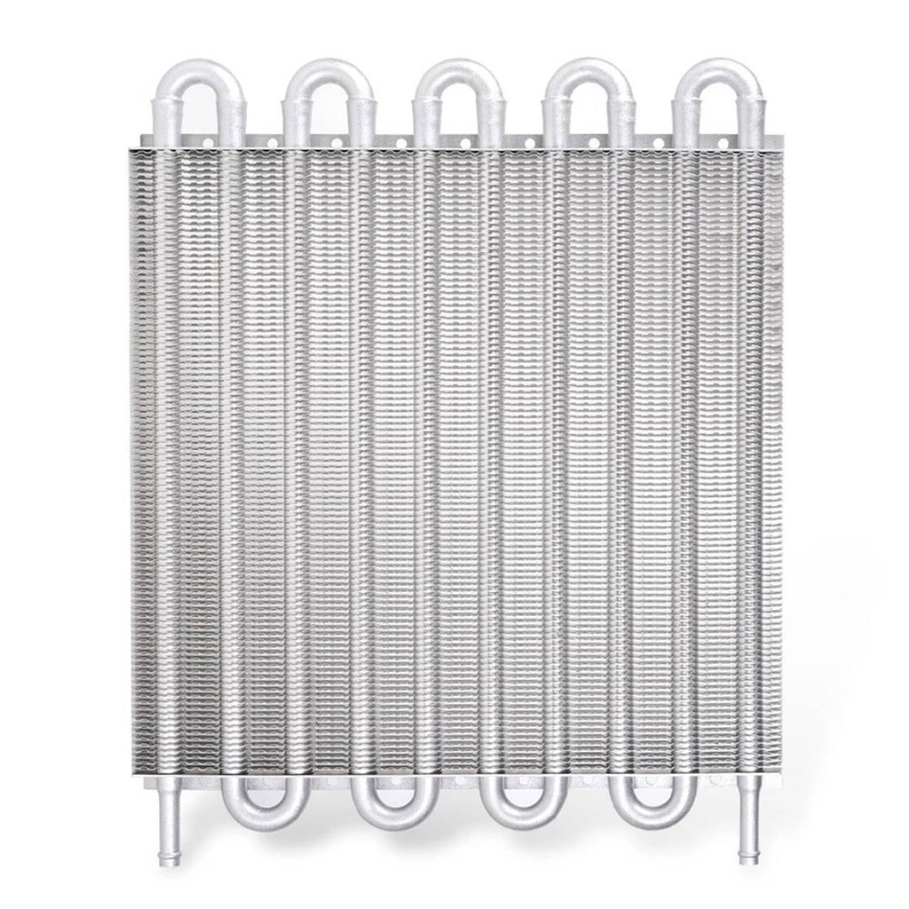 Aluminum oil cooler radiator with multiple fin rows and U-shaped inlet/outlet pipes