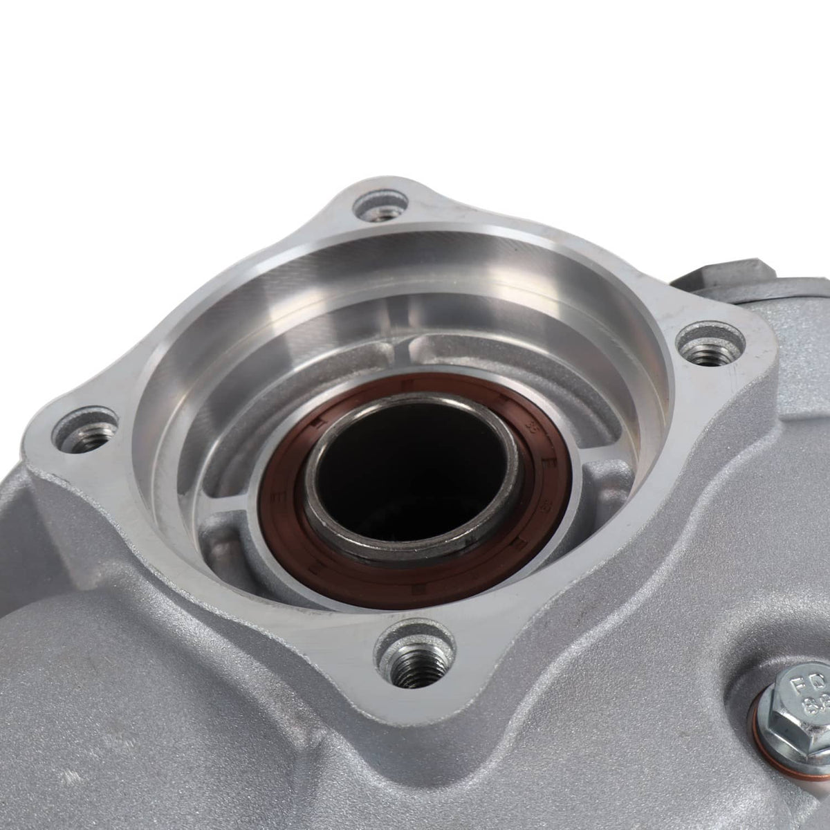 Rear differential gear case with circular axle seal opening and four bolt holes, silver