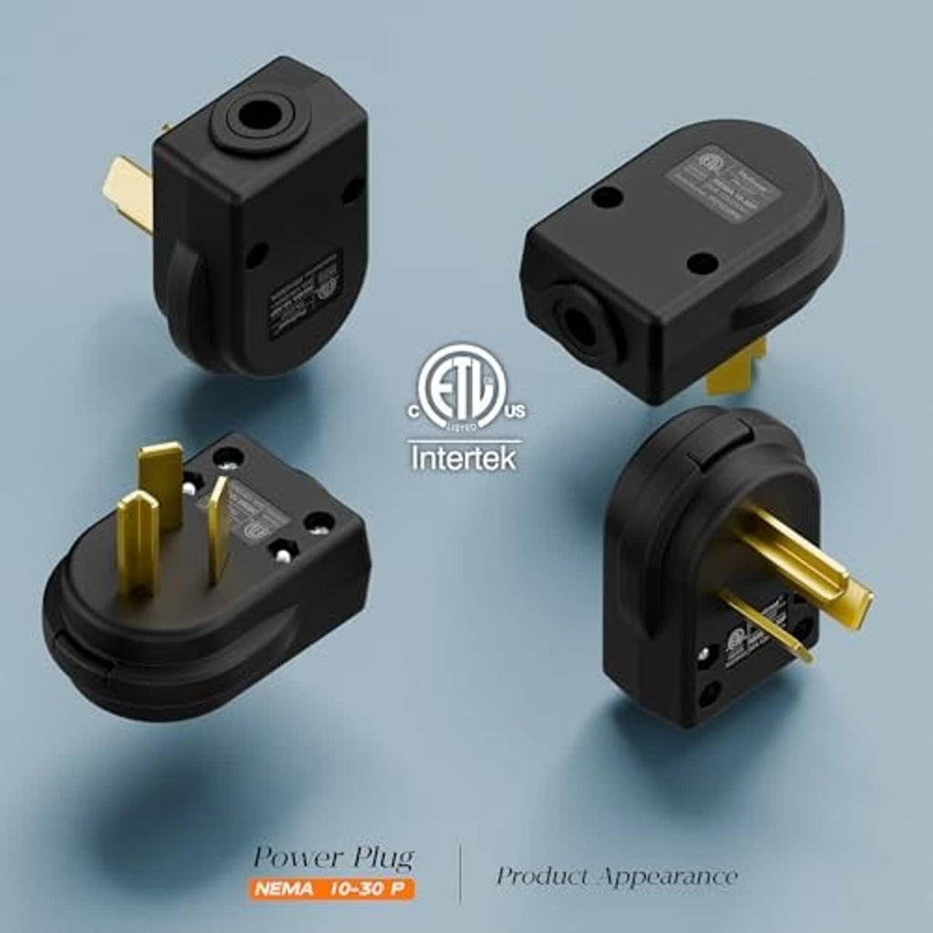 NEMA 10-30P power plug set showing front, side, and back views with gold contacts
