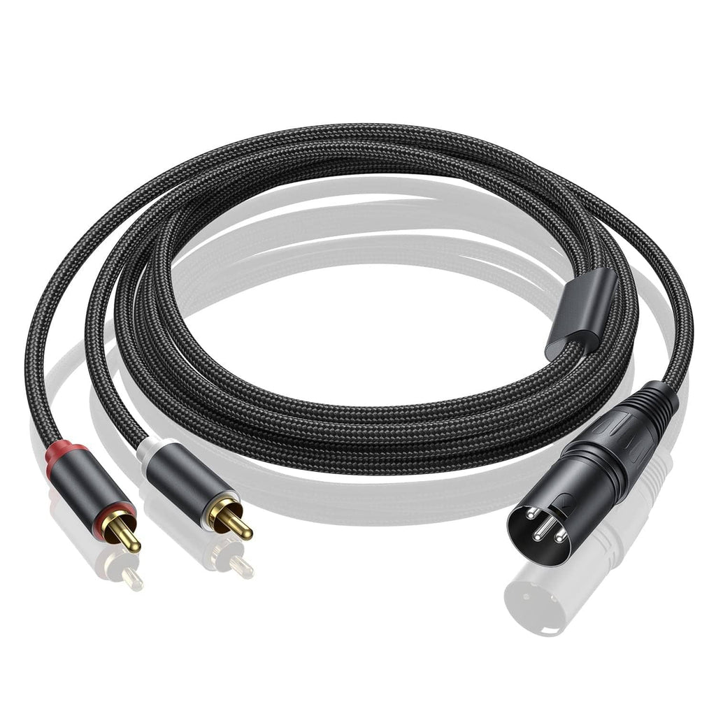 Dual RCA to XLR male patch cable with dual RCA plugs and black XLR connector, 16 ft
