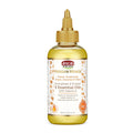 Hair oil bottle with gold dropper cap, amber liquid, and front label