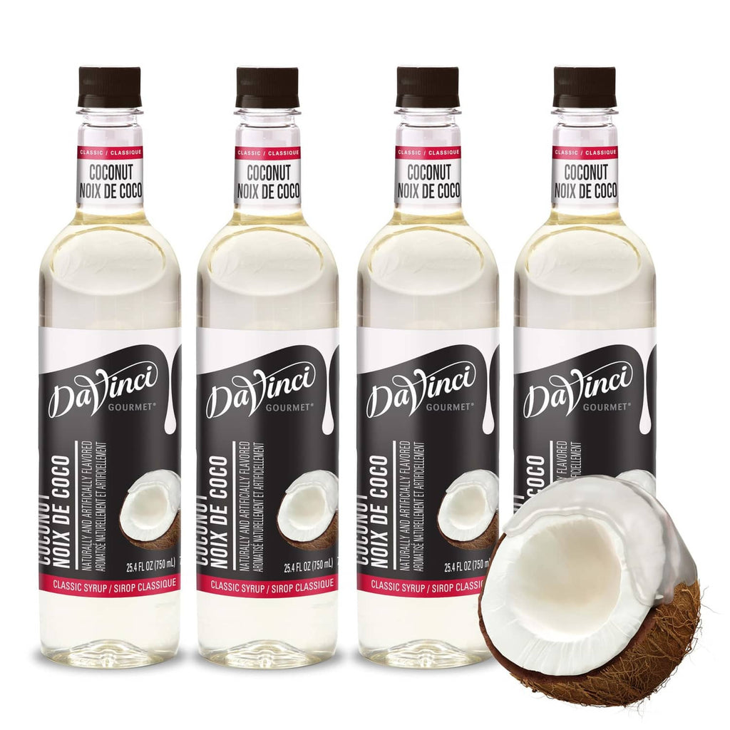 Pack of 4 coconut syrup bottles with DaVinci Gourmet labels and coconut half