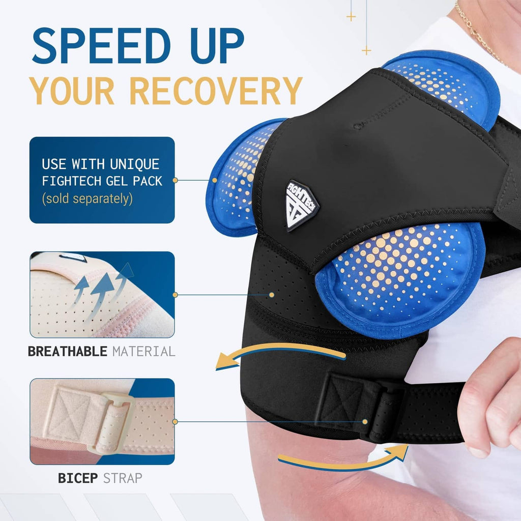 Black shoulder brace with blue gel pad and cushioned bicep strap