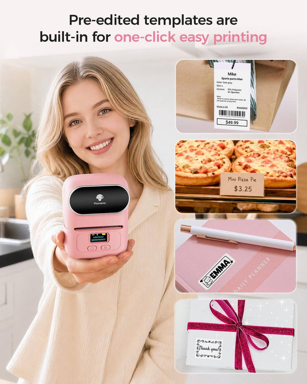 Pink label printer in hand, showing compact body and small screen.